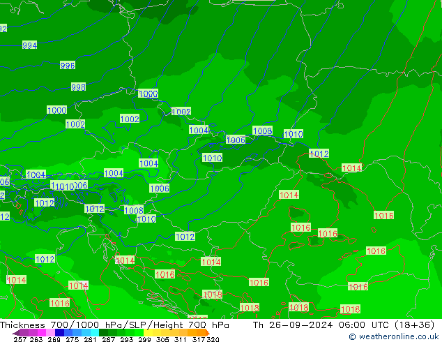 Espesor 700-1000 hPa Arpege-eu jue 26.09.2024 06 UTC