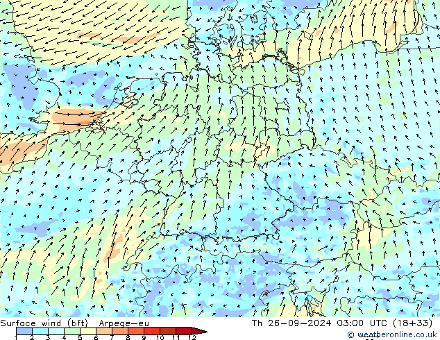 Wind 10 m (bft) Arpege-eu do 26.09.2024 03 UTC