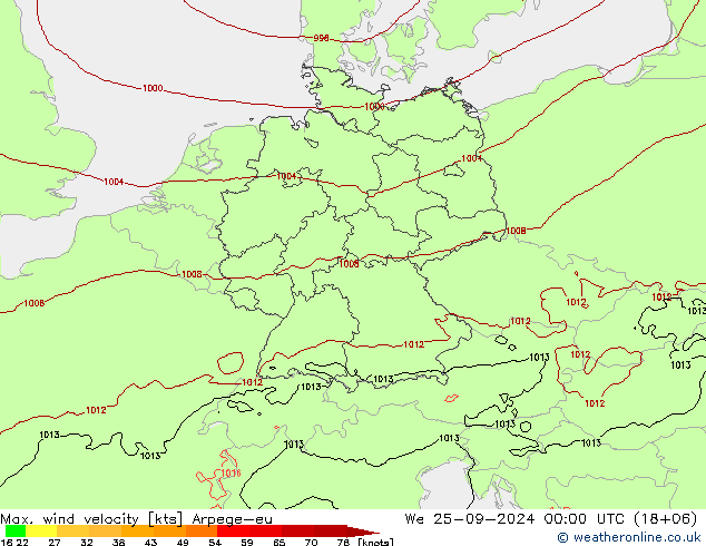 Max. wind velocity Arpege-eu We 25.09.2024 00 UTC