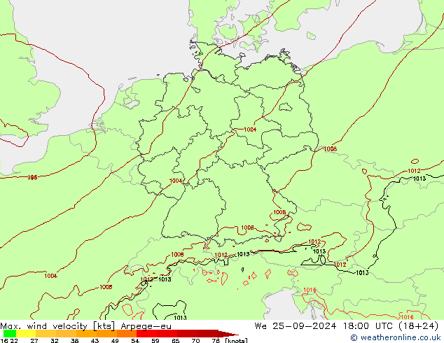 Max. wind snelheid Arpege-eu wo 25.09.2024 18 UTC