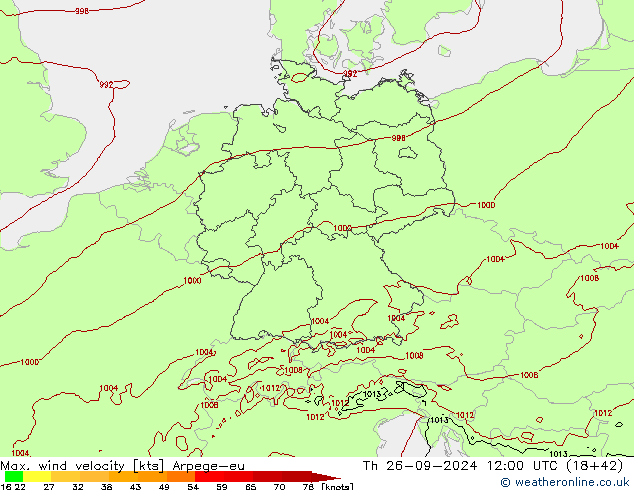 Max. wind velocity Arpege-eu jue 26.09.2024 12 UTC