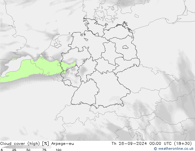 Cloud cover (high) Arpege-eu Th 26.09.2024 00 UTC