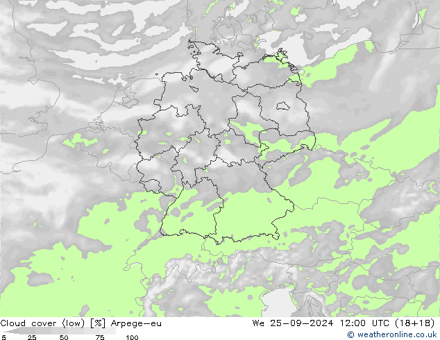 Cloud cover (low) Arpege-eu We 25.09.2024 12 UTC