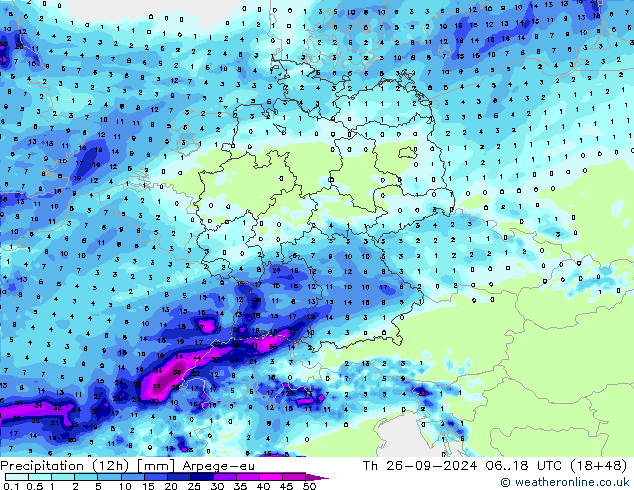 Totale neerslag (12h) Arpege-eu do 26.09.2024 18 UTC