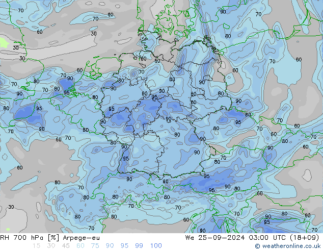 RH 700 hPa Arpege-eu Qua 25.09.2024 03 UTC