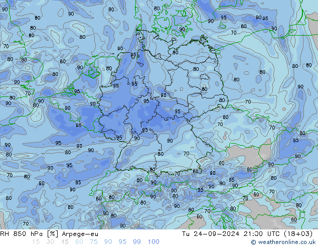 RH 850 гПа Arpege-eu вт 24.09.2024 21 UTC