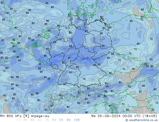 RH 850 hPa Arpege-eu Mi 25.09.2024 00 UTC