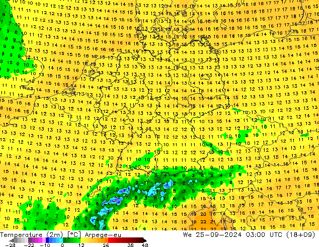 Temperatura (2m) Arpege-eu mer 25.09.2024 03 UTC