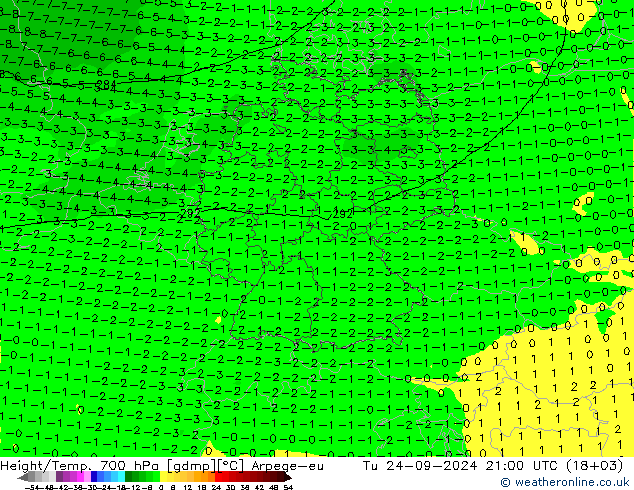 Height/Temp. 700 гПа Arpege-eu вт 24.09.2024 21 UTC