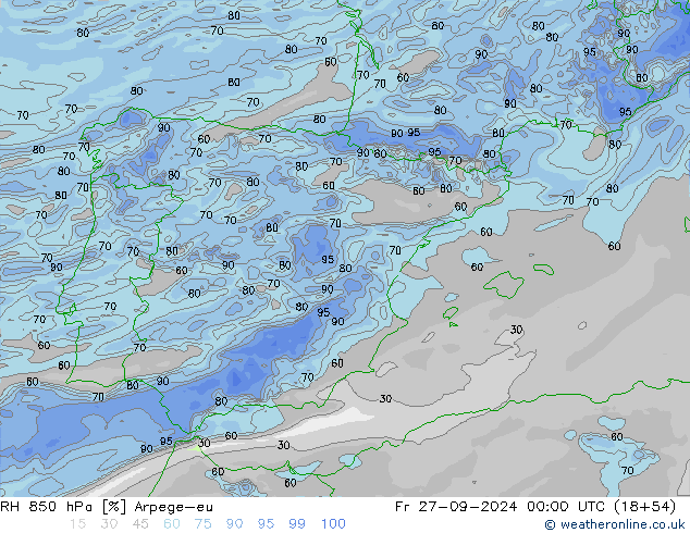 Humedad rel. 850hPa Arpege-eu vie 27.09.2024 00 UTC