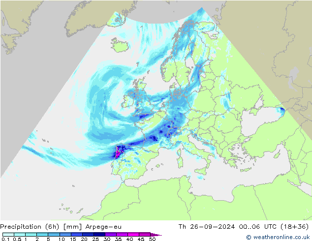 Precipitation (6h) Arpege-eu Th 26.09.2024 06 UTC