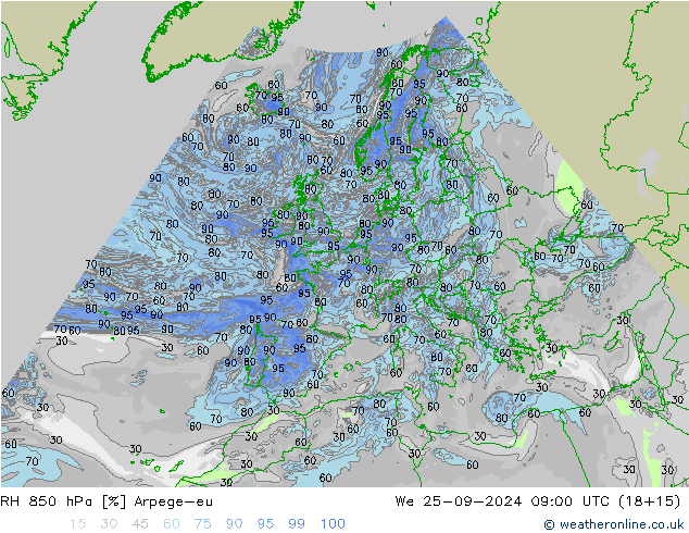 RH 850 hPa Arpege-eu śro. 25.09.2024 09 UTC