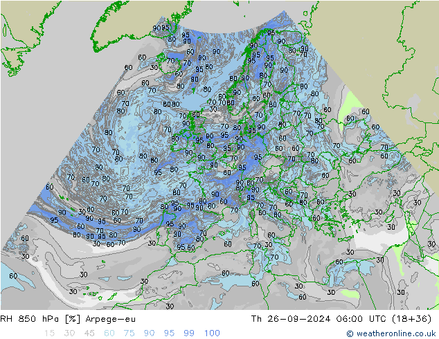 RH 850 hPa Arpege-eu Th 26.09.2024 06 UTC