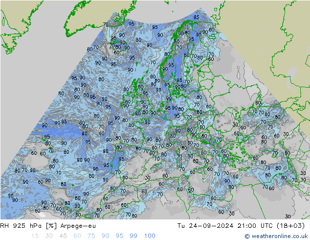 RH 925 hPa Arpege-eu wto. 24.09.2024 21 UTC