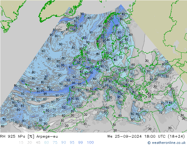 Humedad rel. 925hPa Arpege-eu mié 25.09.2024 18 UTC