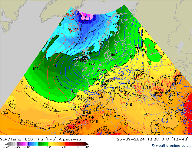 SLP/Temp. 850 hPa Arpege-eu Čt 26.09.2024 18 UTC