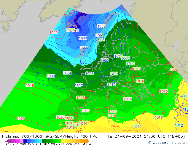 Thck 700-1000 hPa Arpege-eu wto. 24.09.2024 21 UTC