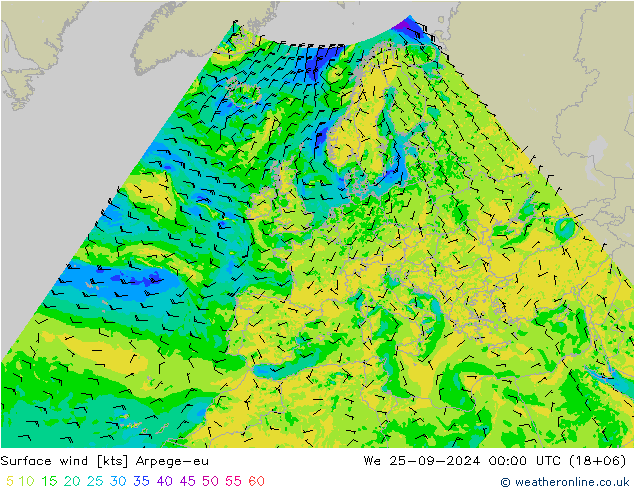 Vento 10 m Arpege-eu mer 25.09.2024 00 UTC