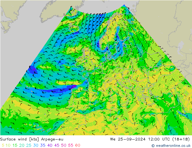 Vento 10 m Arpege-eu Qua 25.09.2024 12 UTC