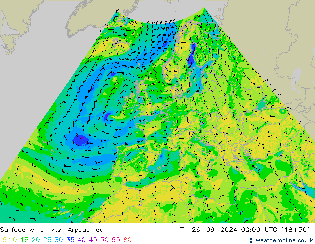 Wind 10 m Arpege-eu do 26.09.2024 00 UTC