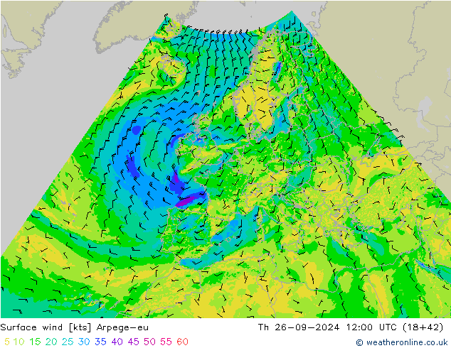 Surface wind Arpege-eu Čt 26.09.2024 12 UTC