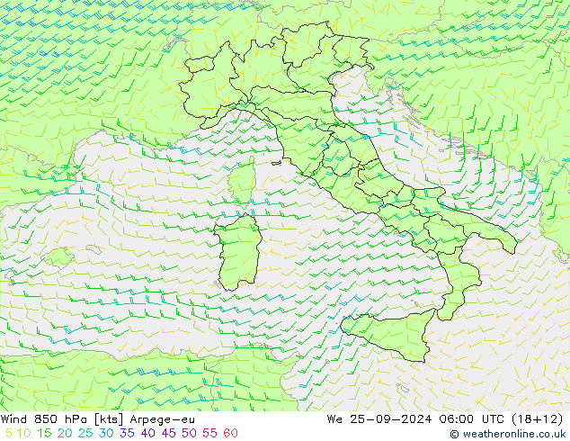 ветер 850 гПа Arpege-eu ср 25.09.2024 06 UTC