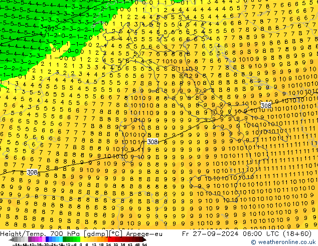 Geop./Temp. 700 hPa Arpege-eu vie 27.09.2024 06 UTC