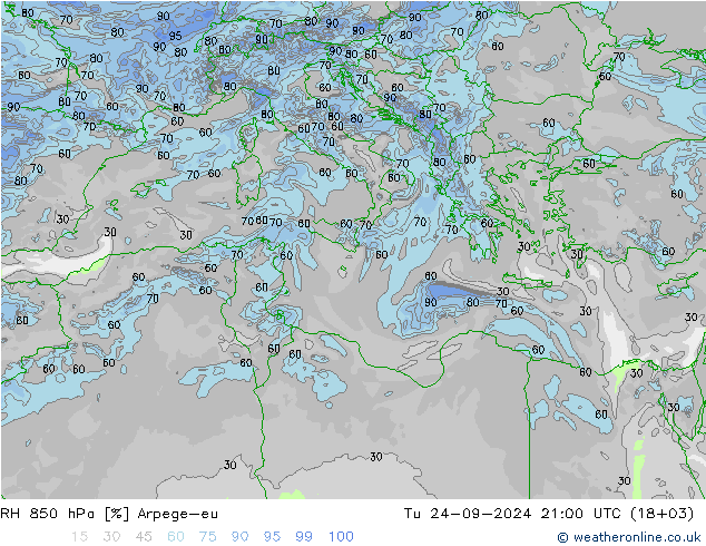 RH 850 hPa Arpege-eu Tu 24.09.2024 21 UTC