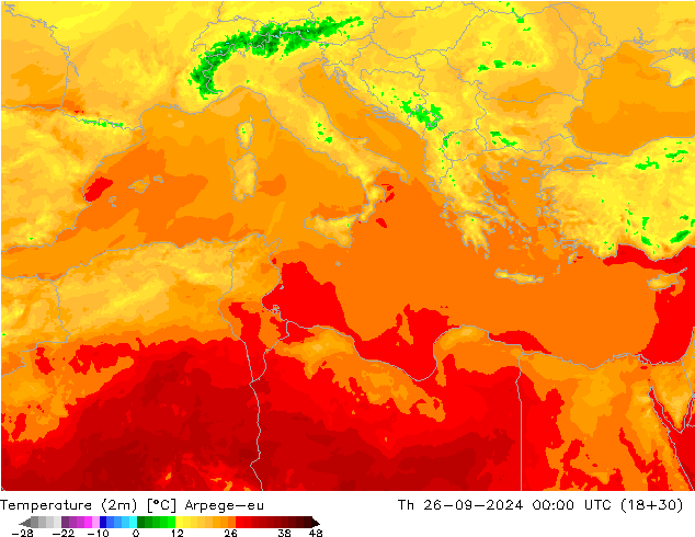 Temperatura (2m) Arpege-eu Qui 26.09.2024 00 UTC