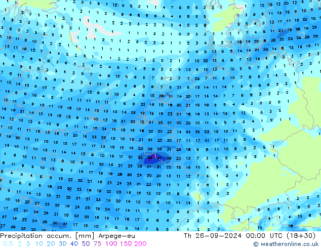 Precipitation accum. Arpege-eu Th 26.09.2024 00 UTC