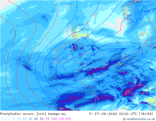 Precipitation accum. Arpege-eu Fr 27.09.2024 00 UTC