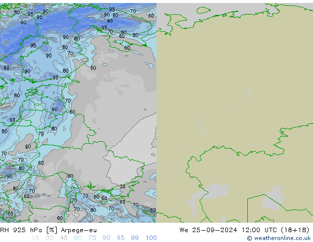 RH 925 hPa Arpege-eu Mi 25.09.2024 12 UTC