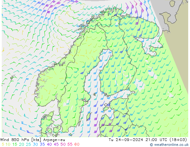 ветер 850 гПа Arpege-eu вт 24.09.2024 21 UTC