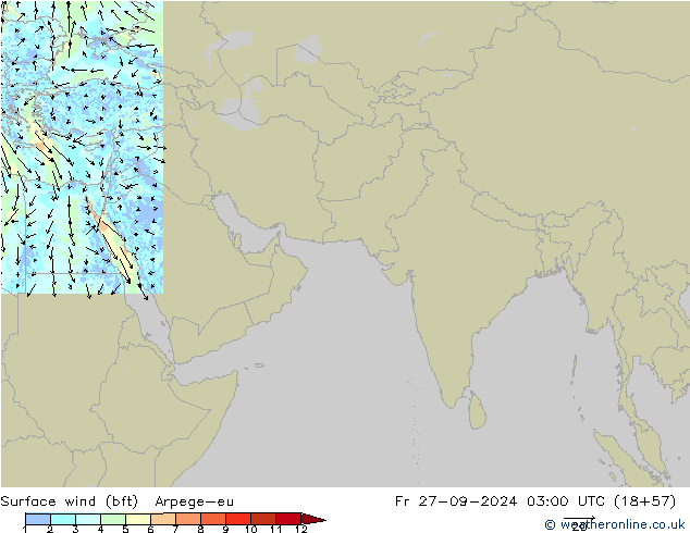 Surface wind (bft) Arpege-eu Fr 27.09.2024 03 UTC