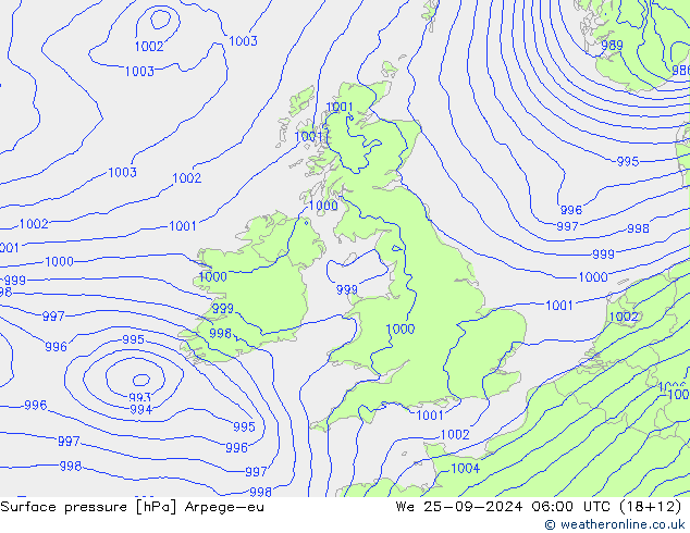 Pressione al suolo Arpege-eu mer 25.09.2024 06 UTC