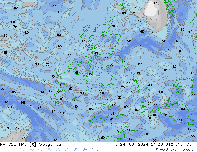 RH 850 hPa Arpege-eu  24.09.2024 21 UTC