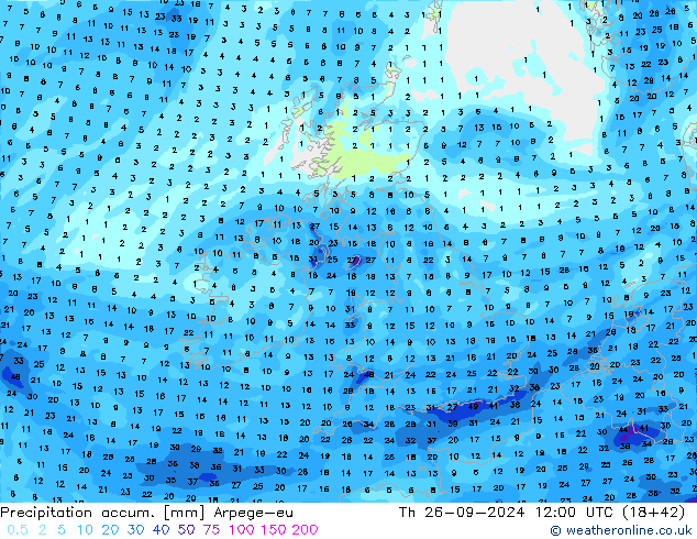 Precipitation accum. Arpege-eu czw. 26.09.2024 12 UTC