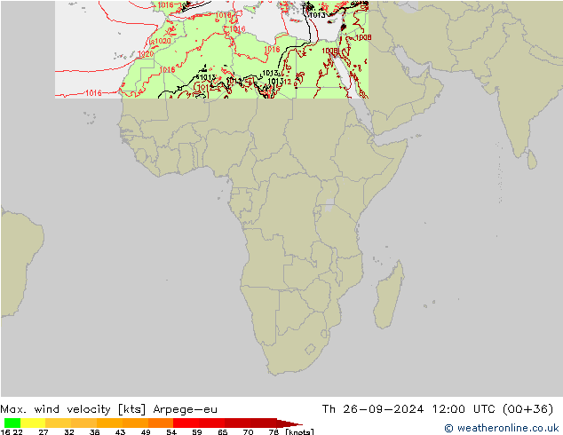 Max. wind velocity Arpege-eu Th 26.09.2024 12 UTC