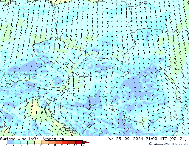 Surface wind (bft) Arpege-eu We 25.09.2024 21 UTC