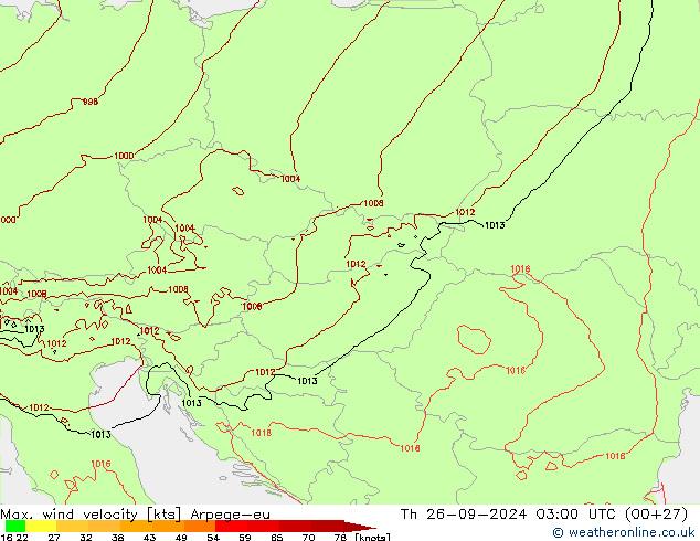 Max. wind velocity Arpege-eu czw. 26.09.2024 03 UTC