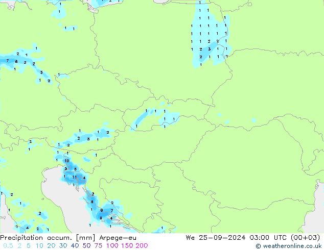 Precipitación acum. Arpege-eu mié 25.09.2024 03 UTC