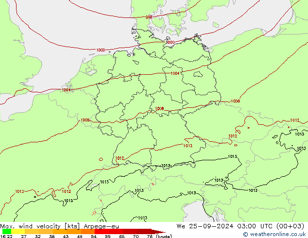 Max. wind velocity Arpege-eu mer 25.09.2024 03 UTC