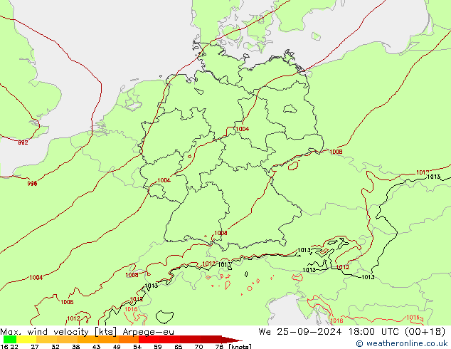 Max. wind velocity Arpege-eu We 25.09.2024 18 UTC