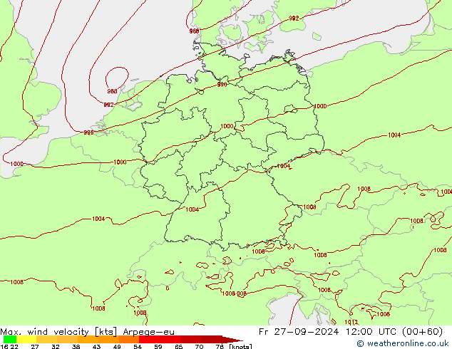 Max. wind velocity Arpege-eu Fr 27.09.2024 12 UTC