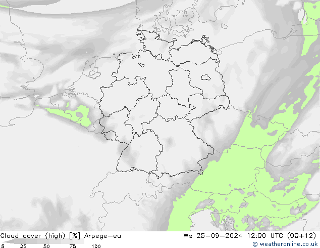 Cloud cover (high) Arpege-eu We 25.09.2024 12 UTC