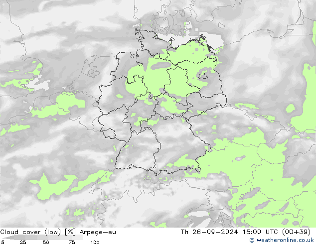 Cloud cover (low) Arpege-eu Th 26.09.2024 15 UTC