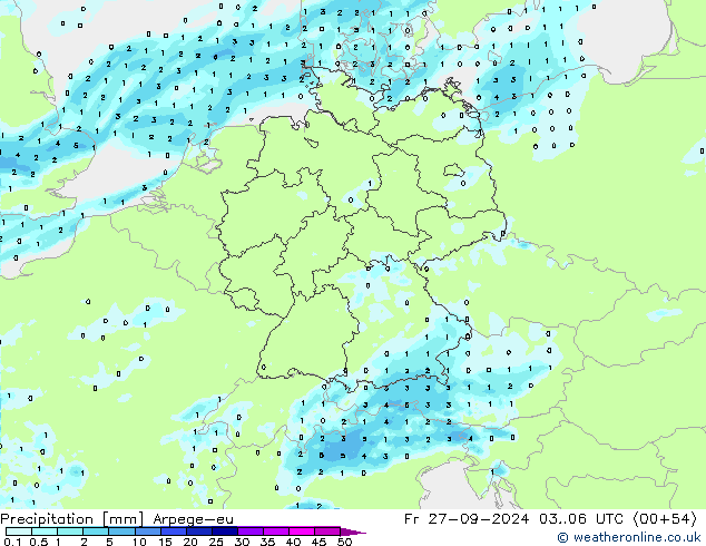 Srážky Arpege-eu Pá 27.09.2024 06 UTC