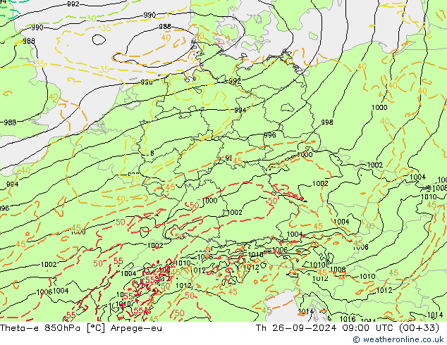 Theta-e 850hPa Arpege-eu Th 26.09.2024 09 UTC