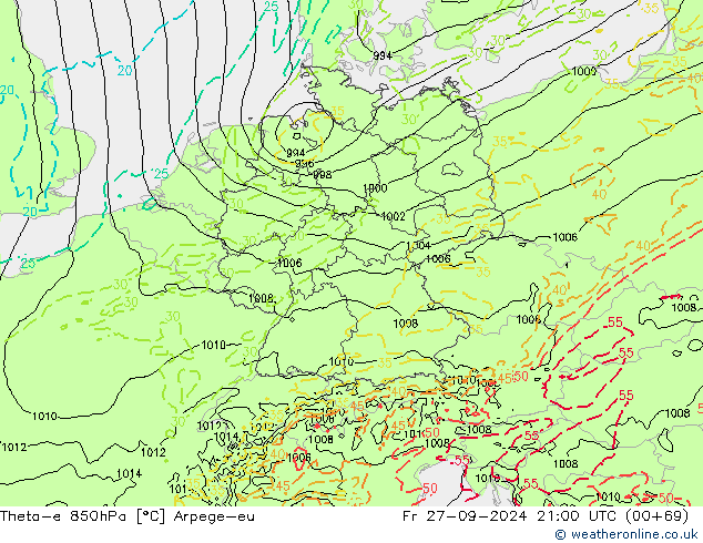 Theta-e 850hPa Arpege-eu Fr 27.09.2024 21 UTC