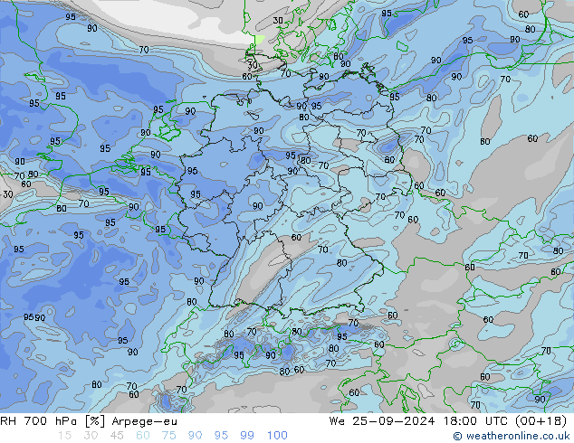 Humedad rel. 700hPa Arpege-eu mié 25.09.2024 18 UTC